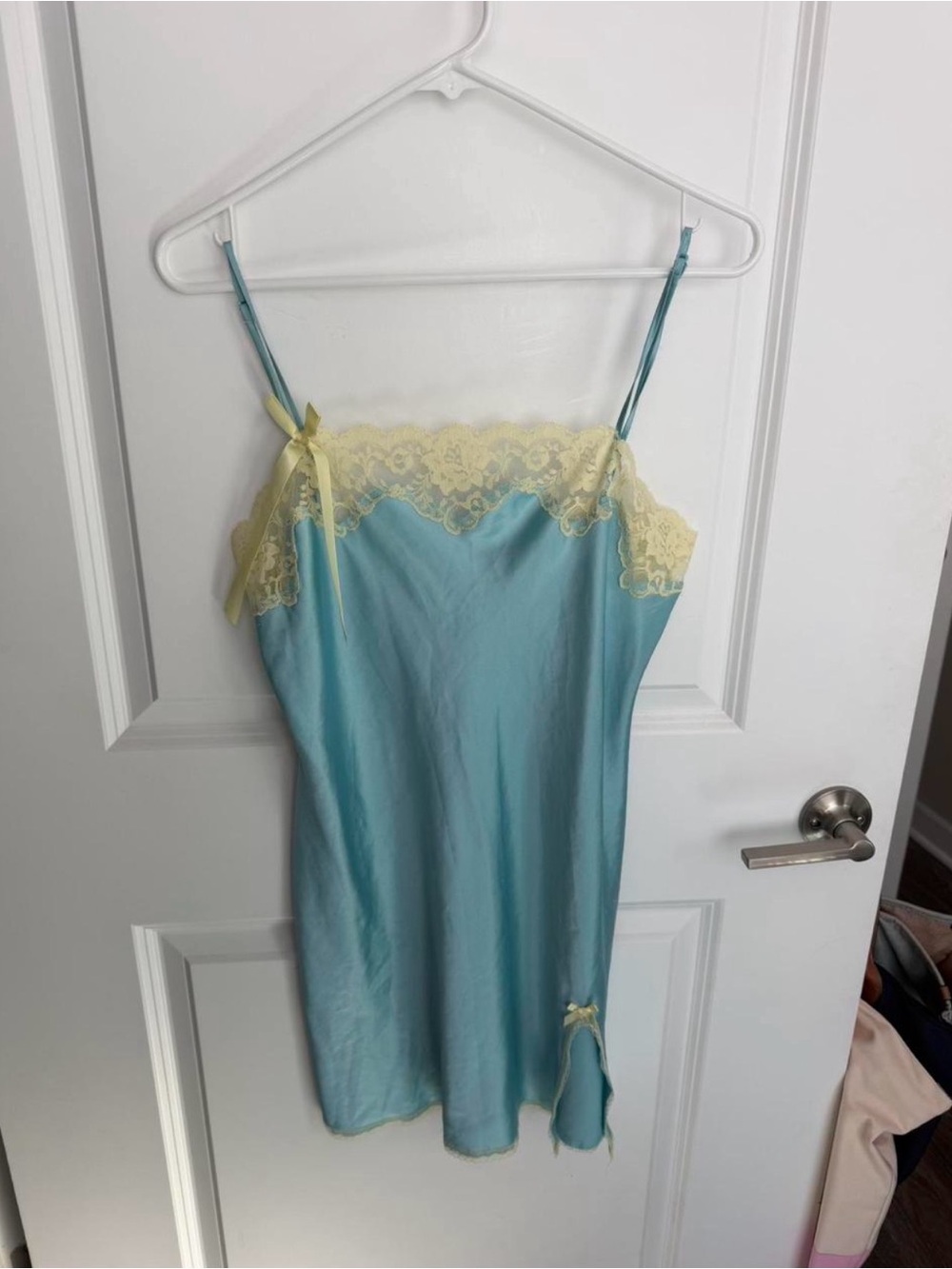 Victoria's Secret Teal Blue Slip Dress with Pale Yellow Lace Trim